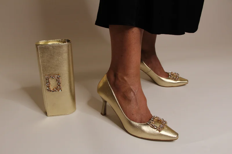 Fabucci Gold Leather Court Shoe with  Diamante Buckle